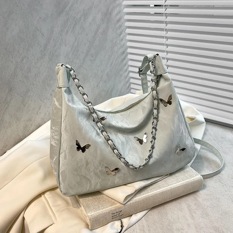 Butterfly Pleated PU Leather Underarm Shoulder Bag For Women Silver Chain Decor Hobo Crossbody Daily Streetwear Casual