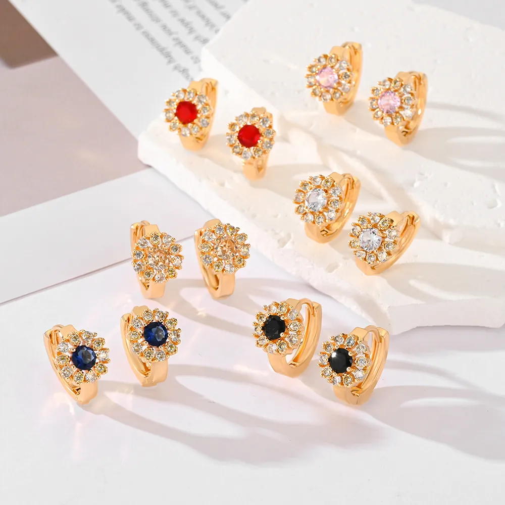 Flower Hoop Earrings Copper Zircon Colorful Sunflower Design Huggie Jewelry For Women Fashion Accessory