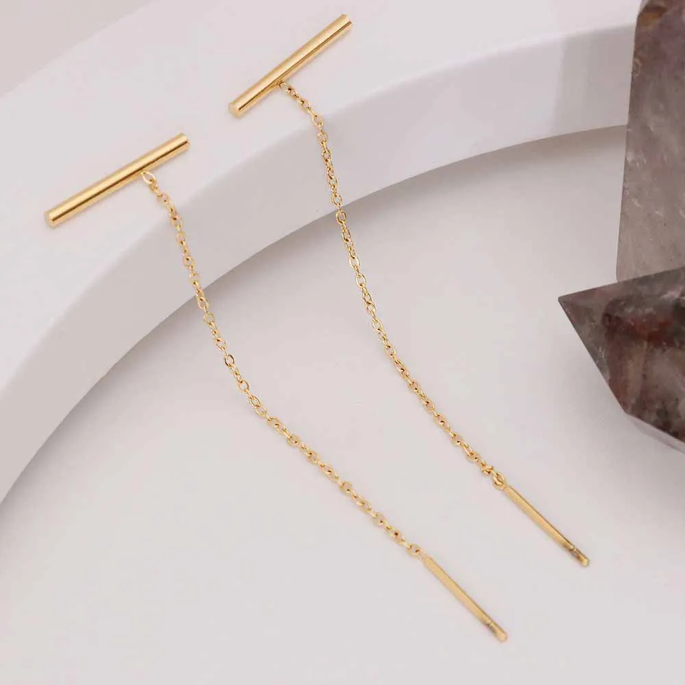 Minimalist 18K Gold Plated Titanium Steel Long Chain Threader Earrings For Women Elegant Geometric Line T-Bar Drop Earrings