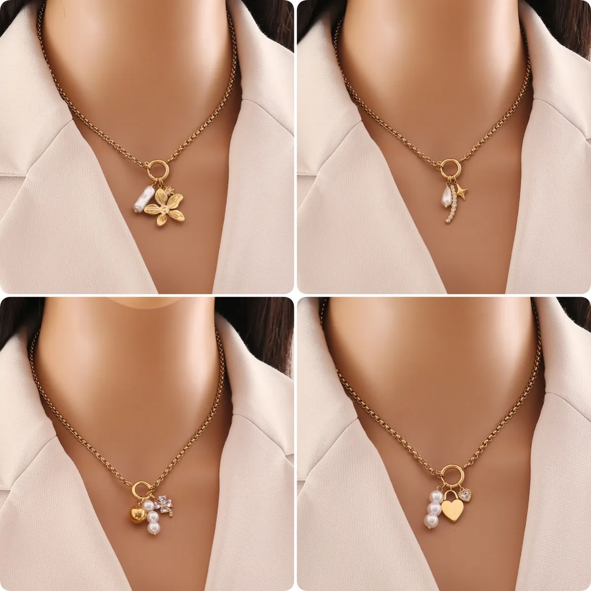 Collana In Acciaio Inossidabile Placcato Oro Con Ciondolo A Cuore Fiore E Perla Artificial Sintetica Strass Per Donna Gioielli Eleganti