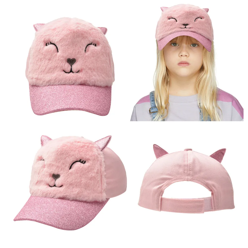Kids Girls Pink Plush Baseball Cap With Sequin Cat Ears And Sequin Brim Warm Winter Cute Animal Peaked Hat Adjustable