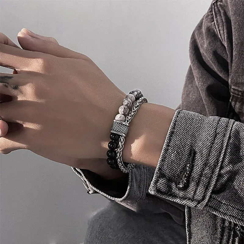 Natural Stone Bead Double Layer Bracelet Stainless Steel Chain Tiger Eye Black Onyx T-Bar Clasp Bohemian Jewelry For Men Women