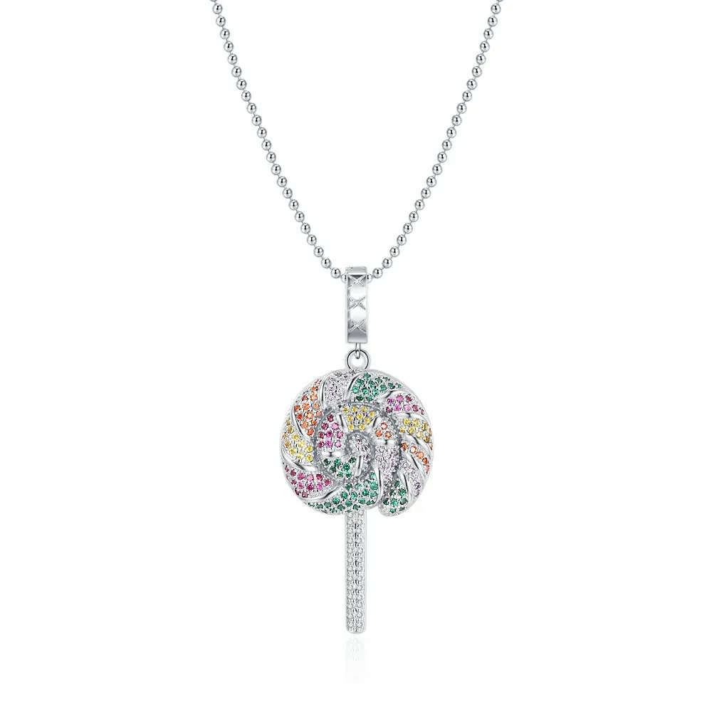 Fashion Lollipop Pendant Necklace Colorful Zirconia Inlaid Copper Silver Plated Ball Chain Jewelry For Women Gift