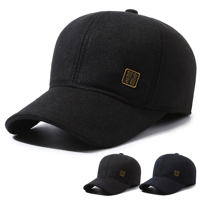 Men Winter Woolen Baseball Cap With Ear Flaps Thickened Warm Windproof Outdoor Adjustable Metal Buckle Casual Hat