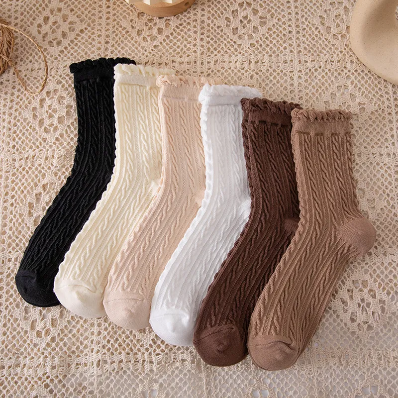Women's Cable Knit Slouch Socks Retro Ruffle Edge Lettuce Trim Mid Calf Crew Ankle Socks Cotton Blend Breathable Casual Hosiery