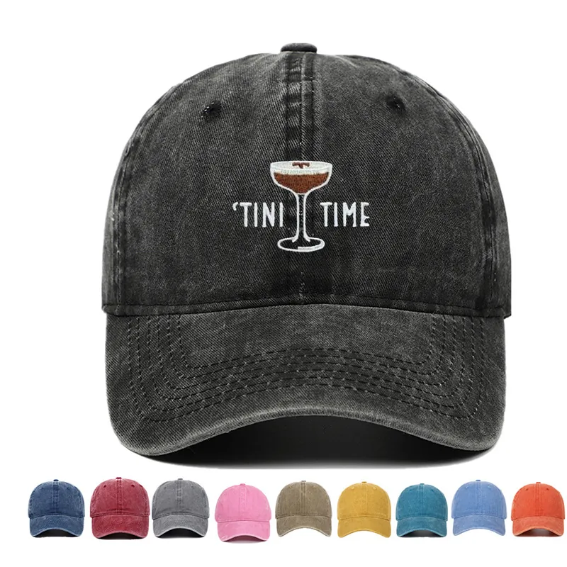 Washed Cotton Baseball Cap Tini Time Cocktail Embroidered Vintage Distressed Adjustable Dad Hat Unisex Sun Hat