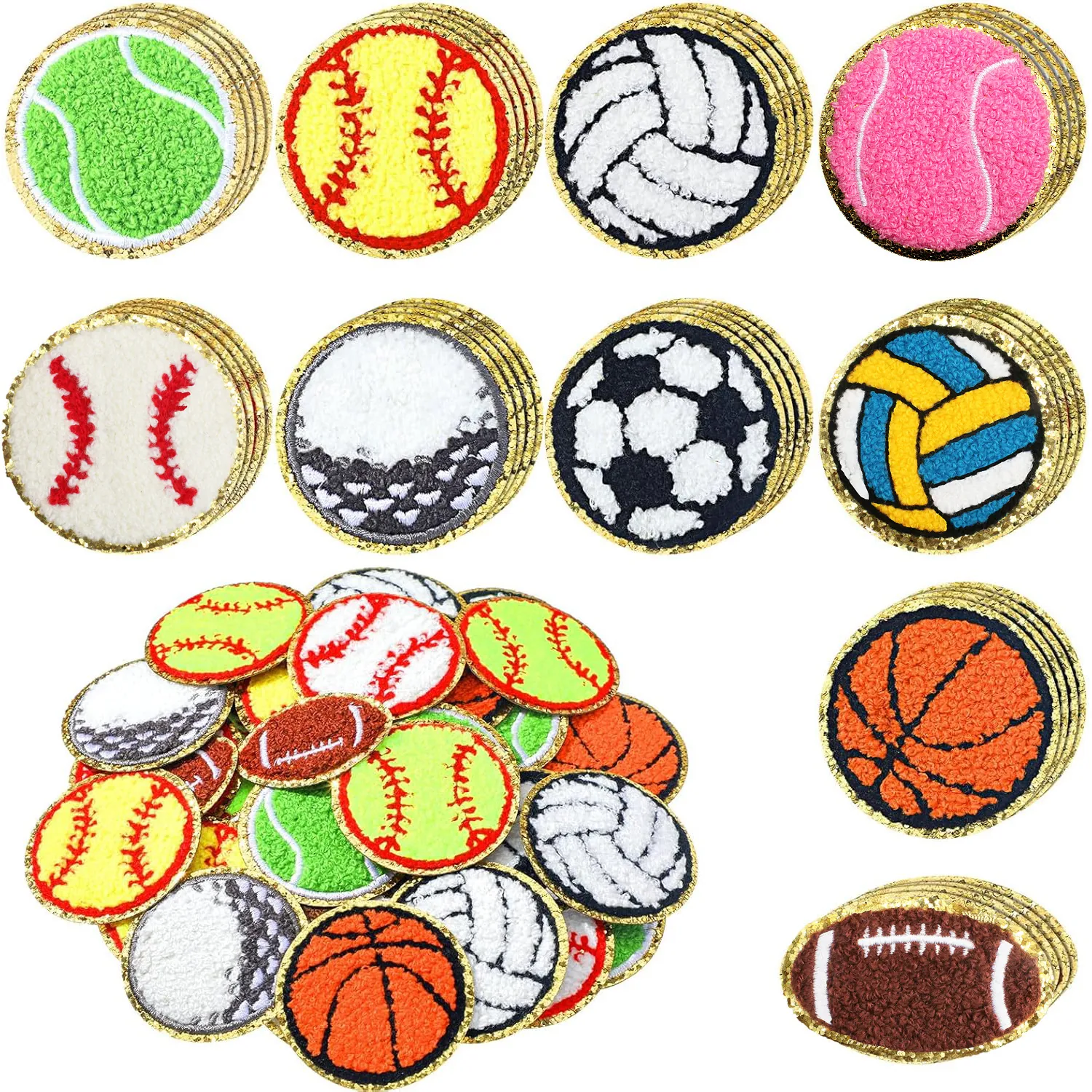 Chenille Towel Embroidery Patches Sports Ball Theme Sequin Border Iron On Sew On Decorative Badges For Clothing Bags Hats