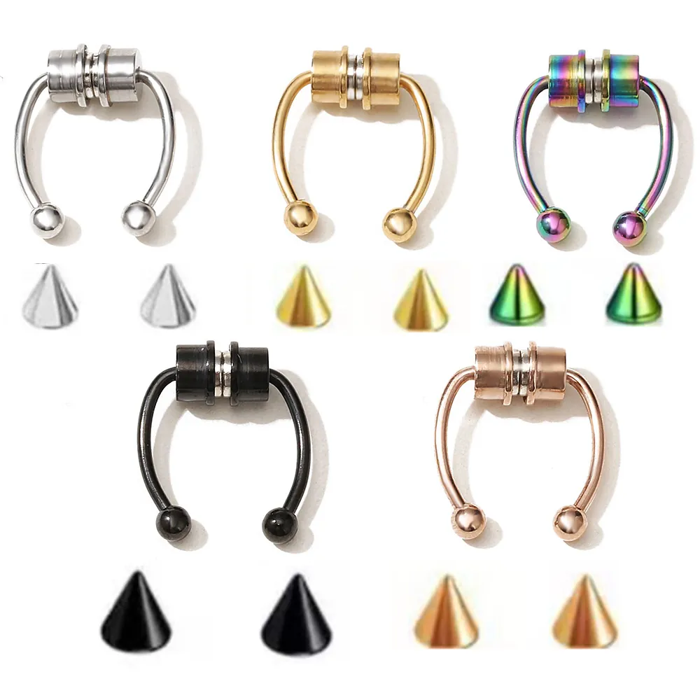 Magnetic Fake Nose Ring Septum Horseshoe Non Piercing Clip On Stainless Steel With Interchangeable Ball And Spike Ends