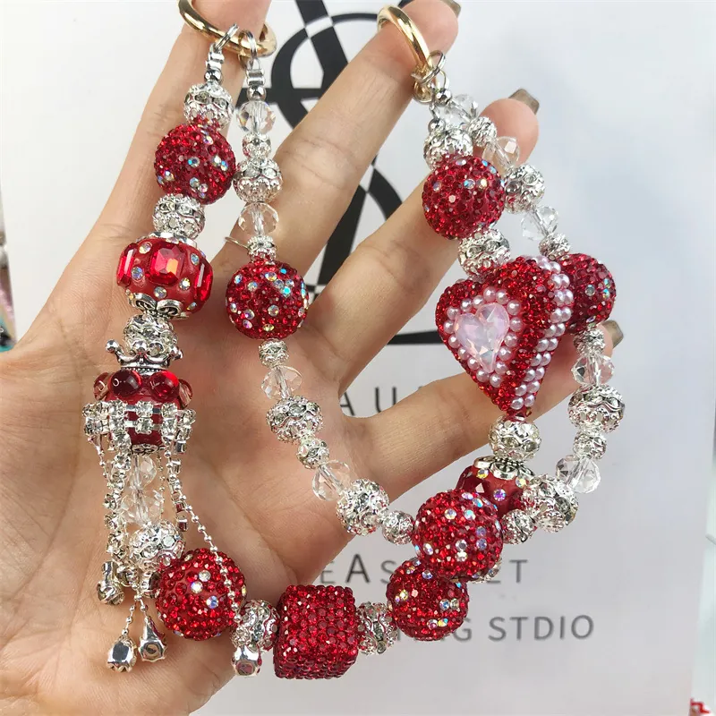 Handmade Luxurious Beaded Phone Chain Bag Pendant Resin Rhinestone Artificial Pearl Heart Flower Charm Fashion Accessories For Women