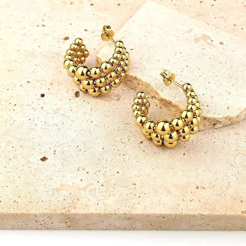 C-Förmige Creolen Edelstahl Vergoldet Dreireihig Metallkugel Perlen Cluster Stecker Schmuck Für Damen
