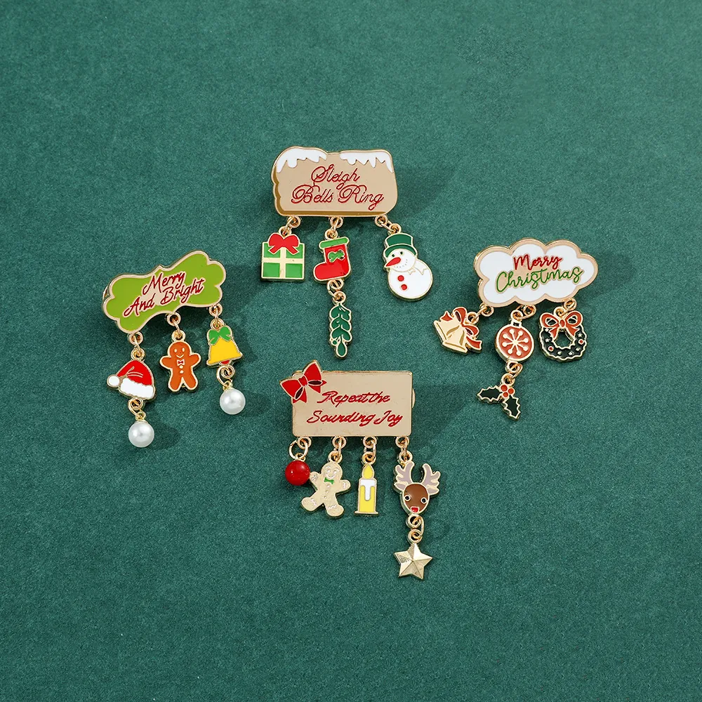 Christmas Alloy Enamel Brooch Pin Set Merry Christmas Sleigh Bells Gingerbread Man Artificial Pearl Pendant Badge Jewelry Gift For Party