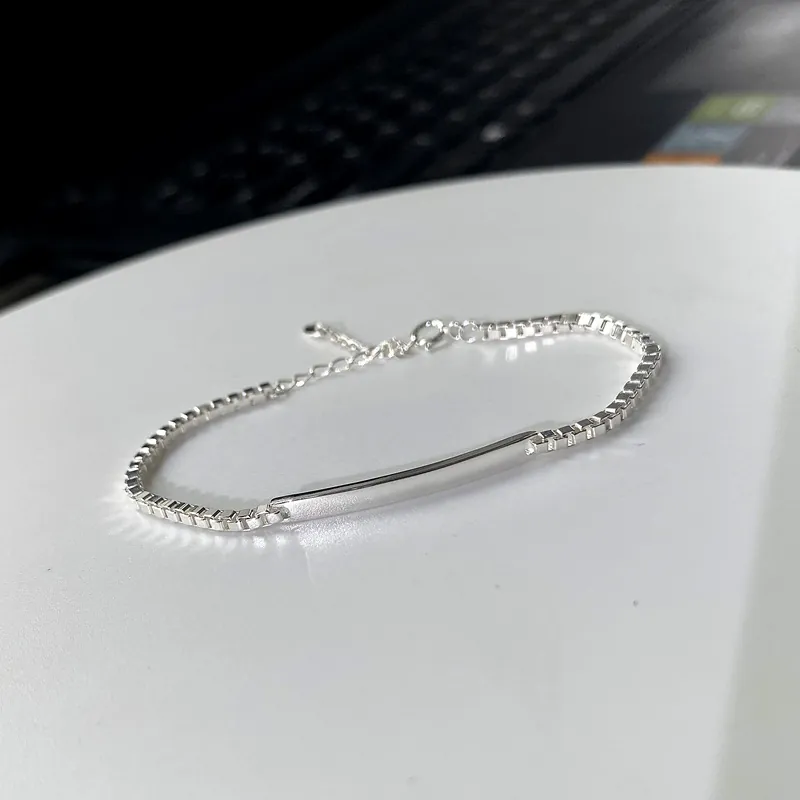 925 Sterling Silver Box Chain ID Bracelet For Couples Minimalist Smooth Curved Bar Adjustable Link Bracelet Memorial Jewelry Gift