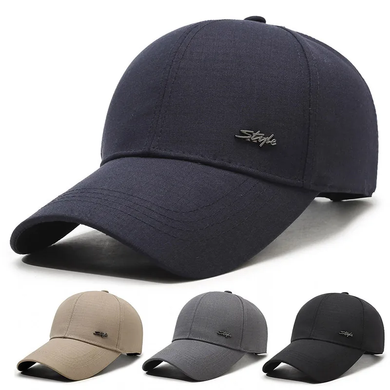 Men Baseball Cap Cotton Polyester Extended Brim Sun Protection Adjustable Style Metal Label Outdoor Casual Hat