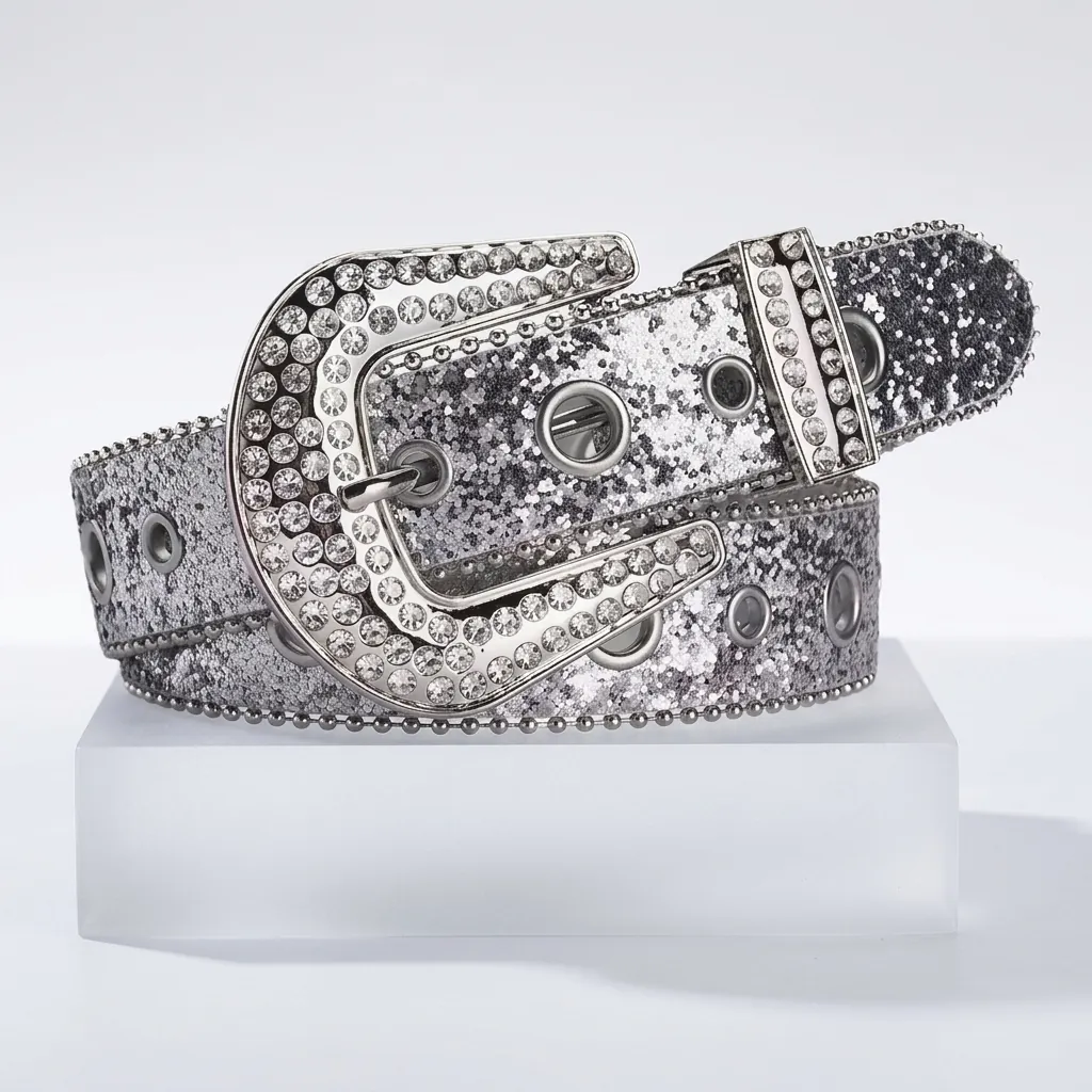 Women Western Rhinestone Belt Fashion Bling Sequin Waist Belt With Alloy Pin Buckle Shiny Decorative Pant Belt For Ladies