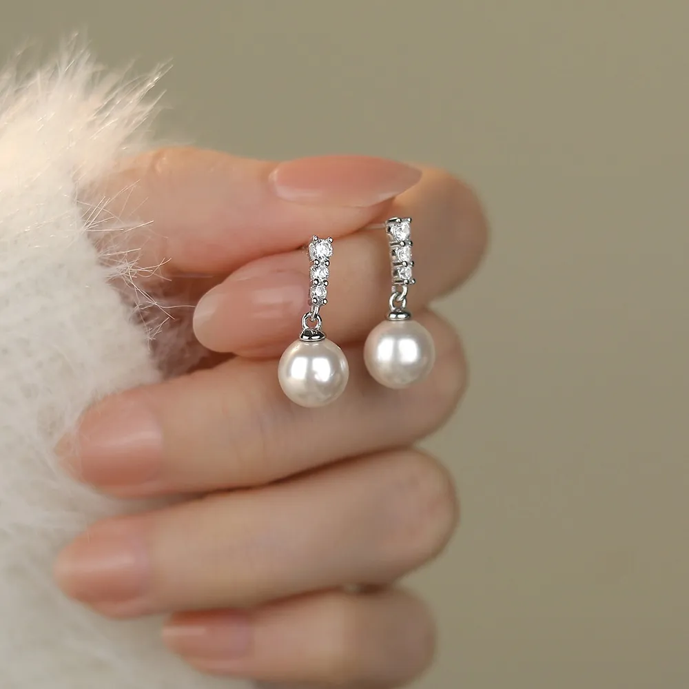 French Sparkly Zircon Artificial Pearl Dangle Earrings With 925 Sterling Silver Earring Post For Women Elegant Jewelry