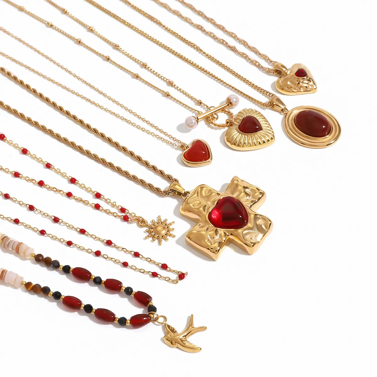 Heart Cross Pendant Necklace Stainless Steel 18K Gold Plated Red Agate Gemstone Vintage Clavicle Chain For Women