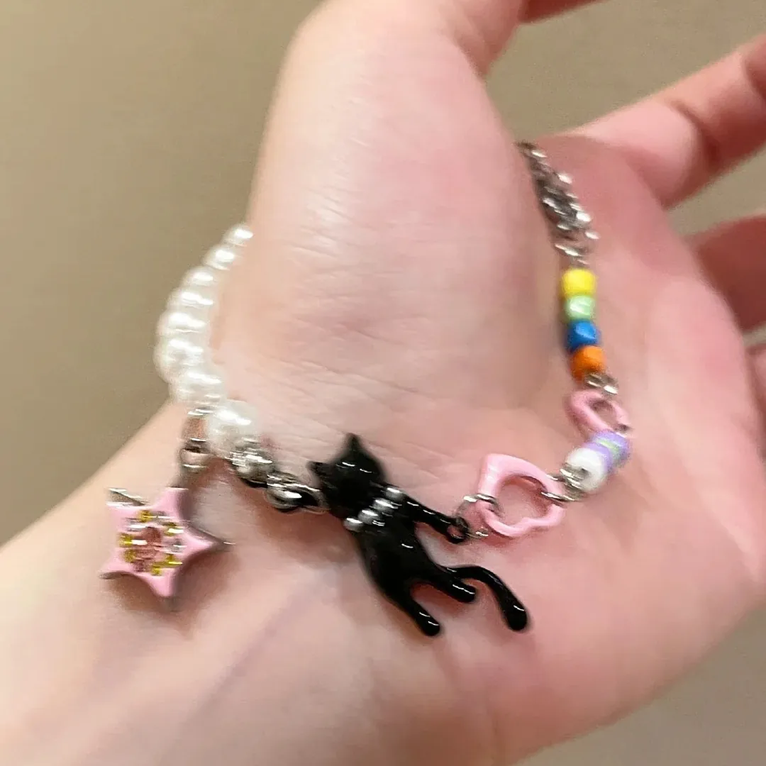 Black Cat Artificial Pearl Bracelet With Pink Star Alloy Colorful Beaded Wristband Y2K Aesthetic Jewelry For Women