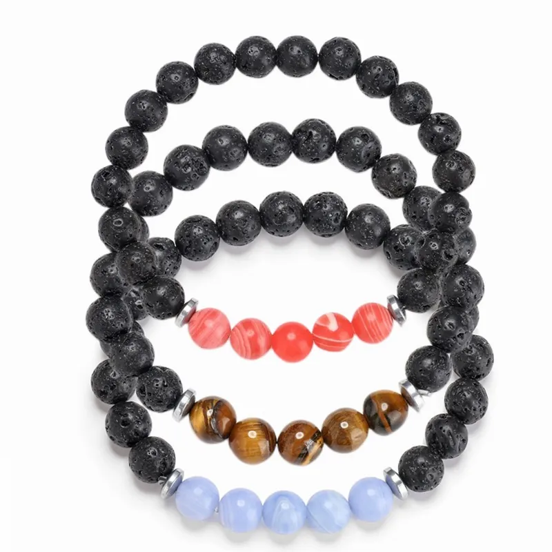 Bracciale Di Perle In Pietra Lavica Naturale E Agata Occhio Di Tigre Per Uomini Donne Gioielli Elastici Con Distanziatori In Rame