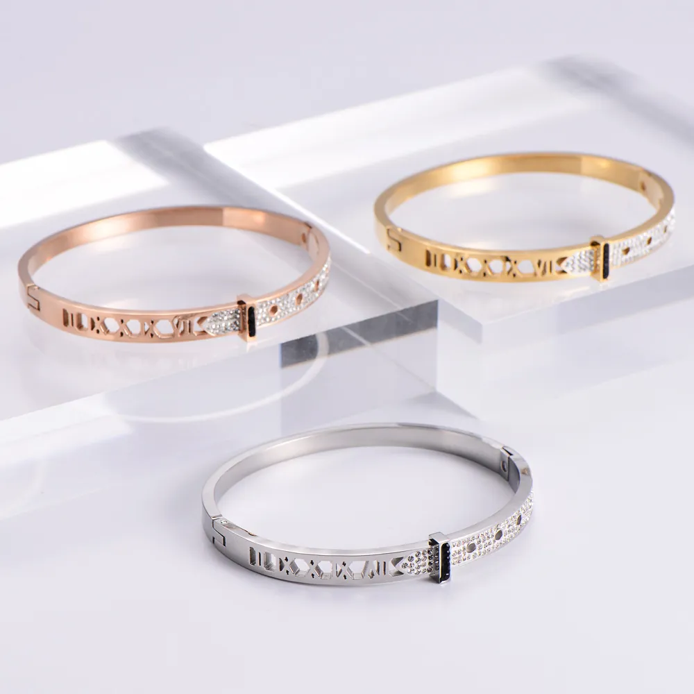 Stainless Steel Bangle Bracelet Hollow Roman Numerals Rhinestone Inlaid Watchband Buckle Design Fashion Jewelry For Women