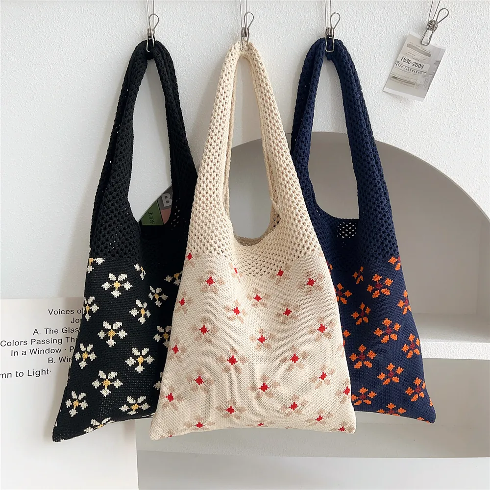 Borsa Tote In Maglia Poliestere Donna Motivo Floreale Traforato Uncinetto Borsa A Spalla Estetica Fatta A Mano