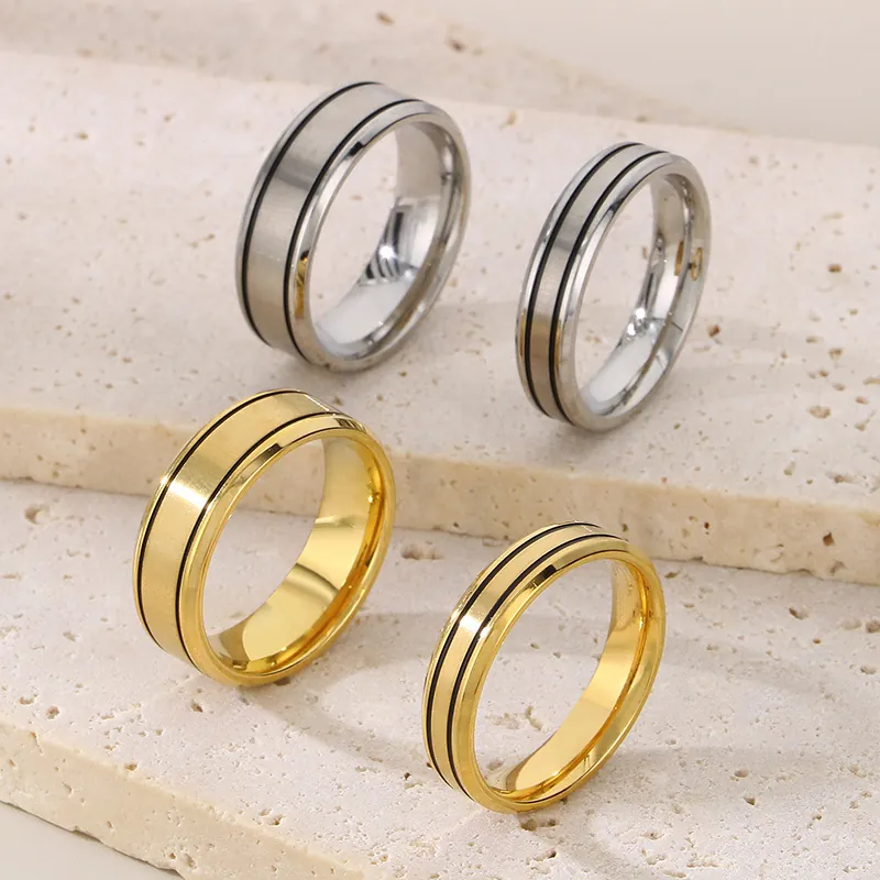 Anello A Fascia Minimalista Acciaio Inossidabile Placcato Oro 18K Doppia Linea Nera Finitura Spazzolata Per Uomo Donna Coppia Gioielli