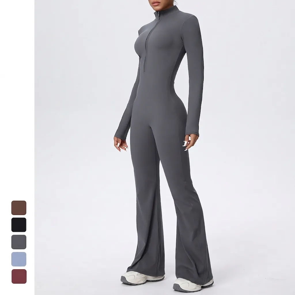 Combinaison Yoga Femme Manches Longues Col Montant Zippé Jambe Évasée Vêtement Sport Slim Fit Catsuit