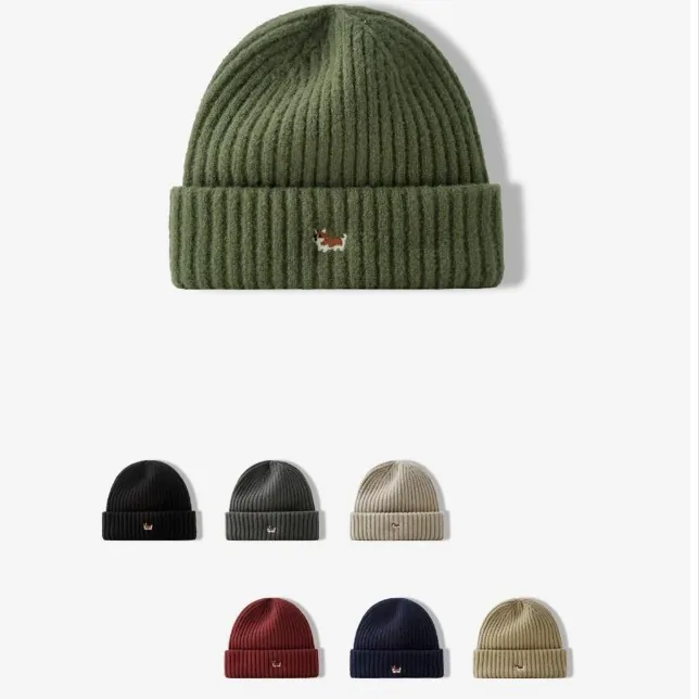 Knit Beanie Hat Acrylic Ribbed Cuffed Warm Winter Cap Cartoon Animal Embroidery For Women Men