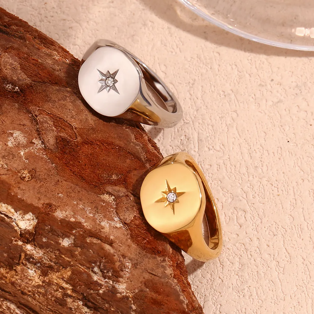 North Star Signet Ring Stainless Steel 18K Gold Plated Geometric Eight Point Star Zircon Celestial Jewelry For Women
