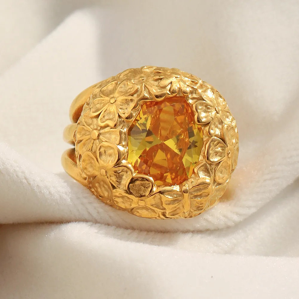 Vintage 18K Gold Plated Stainless Steel Ring With Large Oval Yellow Zircon Flower Butterfly Relief Retro Jewelry For Women