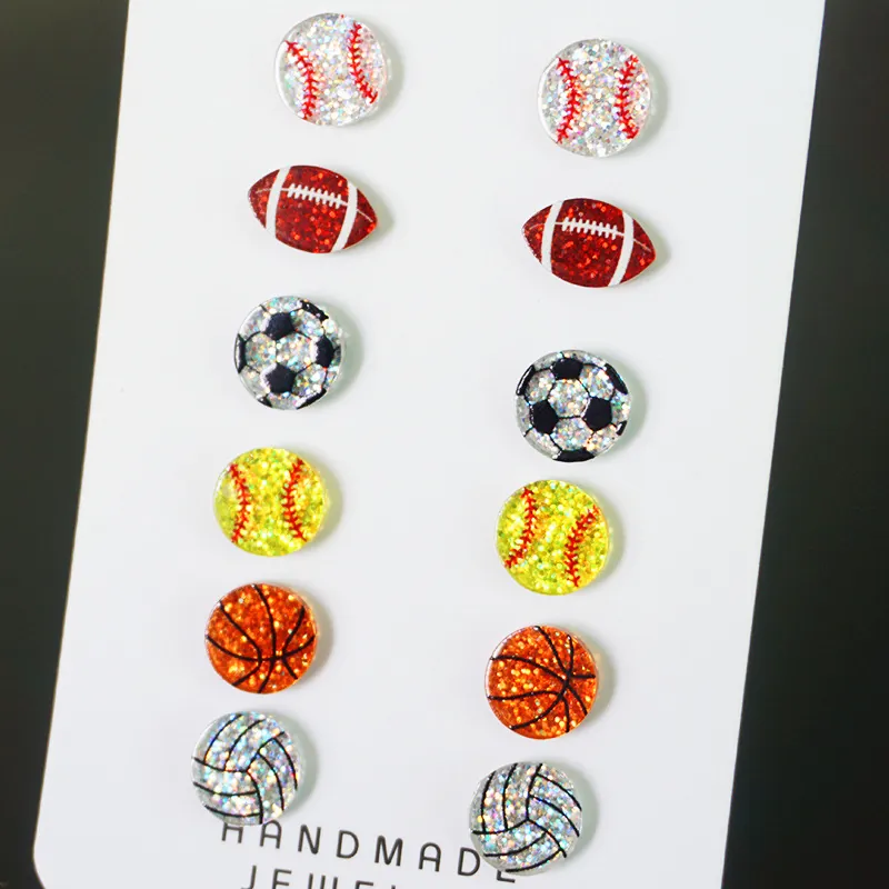 Boucles D Oreilles Sport En Acrylique Pailleté Baseball Football Basketball Soccer Pour Femmes Avec Tige En Acier Inoxydable