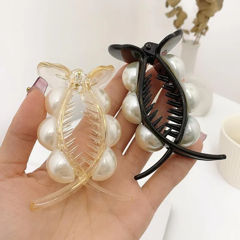 Grande Pince À Cheveux Élégante Künstliche Perles Artificielles Plastique Prise Forte Pour Femmes Coiffure Chignon Style Coréen