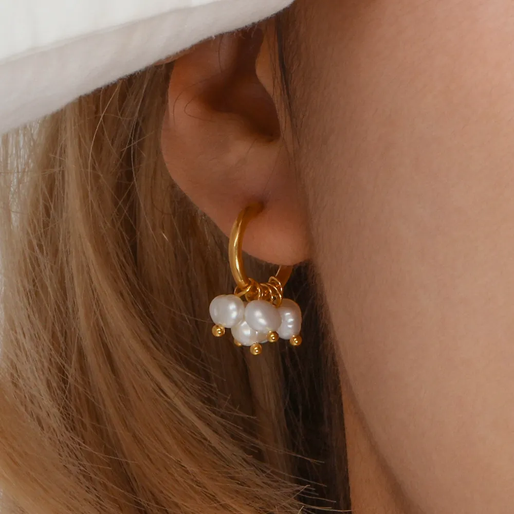 Künstliche Perlen Creolen Edelstahl Vergoldet Künstliche Barockperlen Hänger Ohrringe Damen Elegant Retro Schmuck