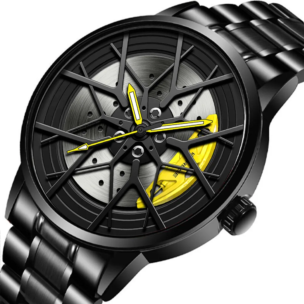 Men Quartz Watch Racing Hub Design 3D Wheel Rim Stainless Steel Waterproof Luminous Sport Fashion Wristwatch