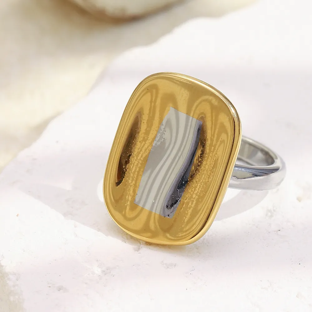 Modern Bicolor Rounded Rectangle Chunky Ring Minimalist 18K Gold Plated Stainless Steel Geometric Jewelry For Women Ins Style