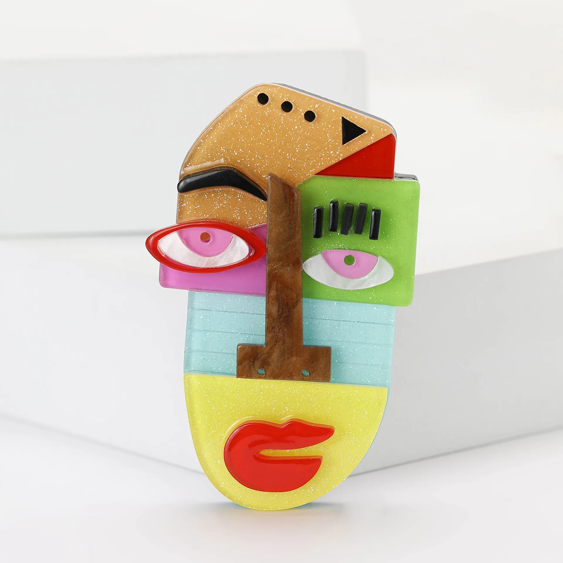 Abstract Portrait Face Brooch Pin Acrylic Artistic Geometric Multi Color Glitter Clothing Decoration For Women Men