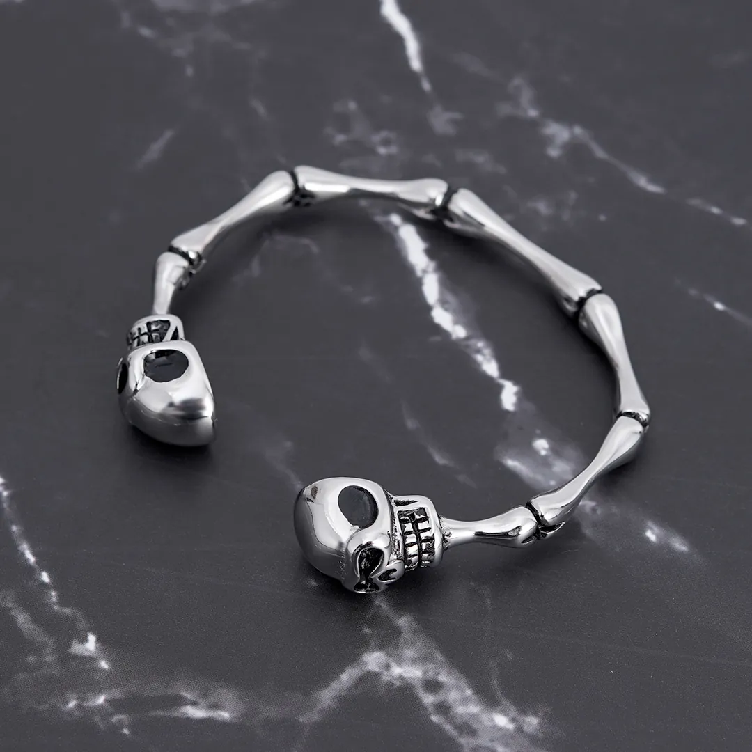 Gothic Stainless Steel Skeleton Bone Bangle Bracelet For Men Women Punk Rock Skull Heads Open Cuff Jewelry