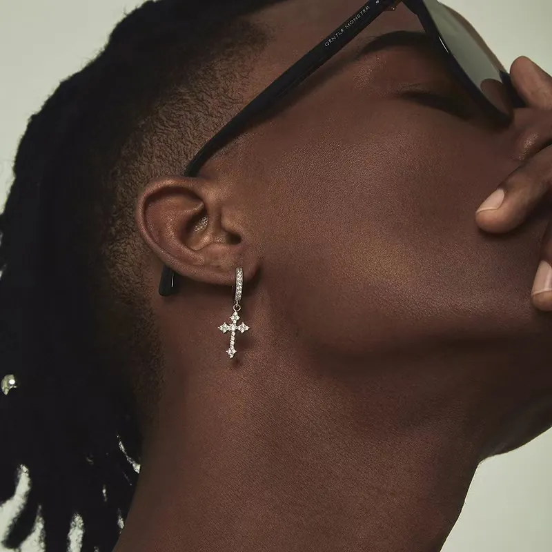 Cross Pendant Hoop Earrings Copper Zircon With Silver Earring Post Iced Out Hip Hop Street Jewelry For Men Women