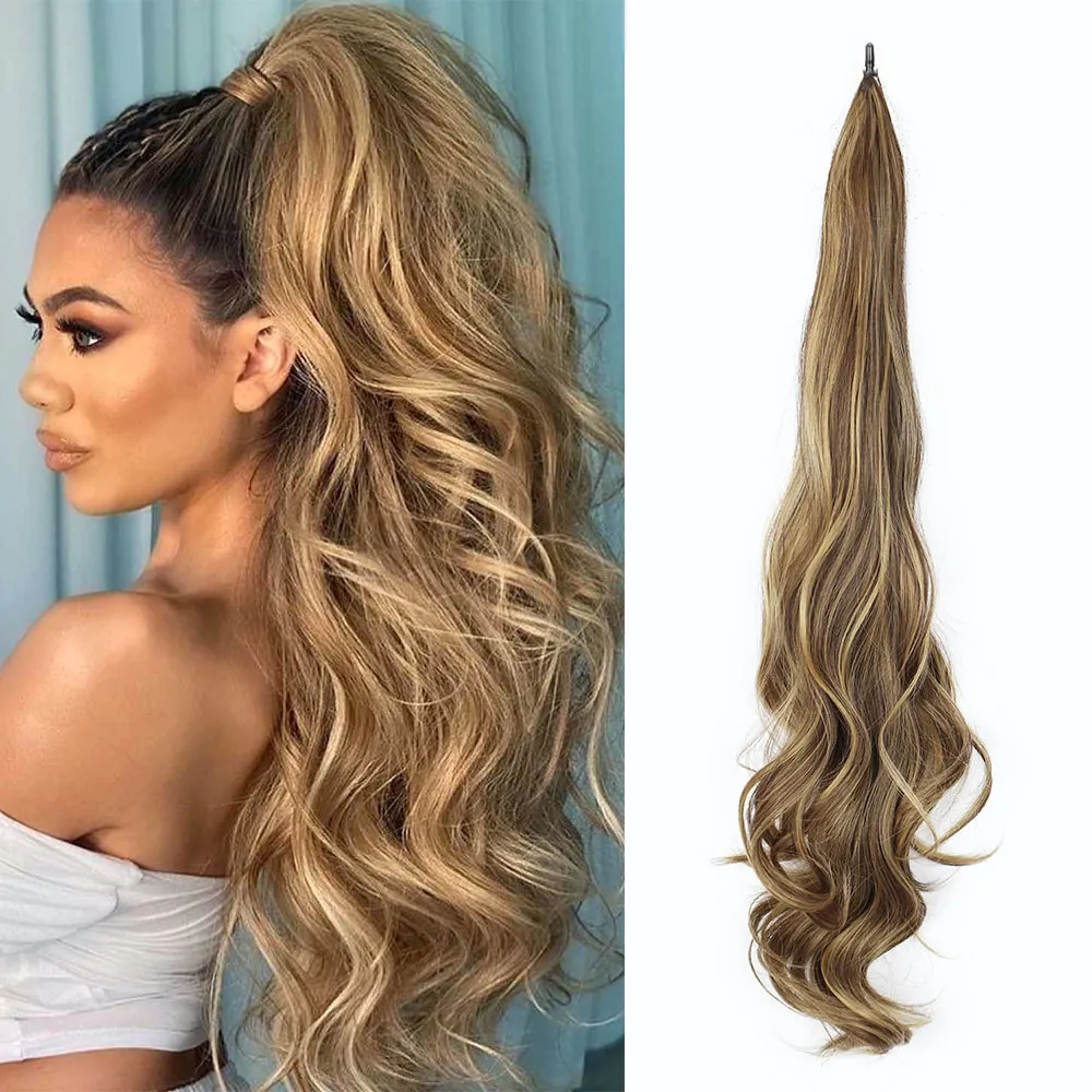 Long Wavy Ponytail Extension Synthetic High Temperature Fiber Wrap Around Hairpiece For Women Natural Soft