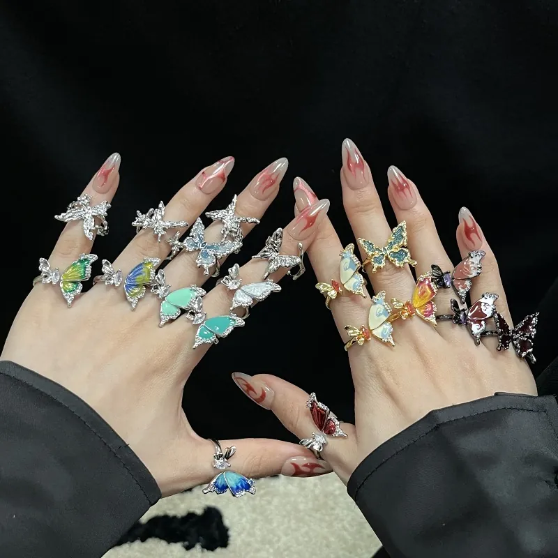 Butterfly Ring Copper Enamel Rhinestone Adjustable Open Design Ins Style Sweet Cool Fashion Jewelry For Women