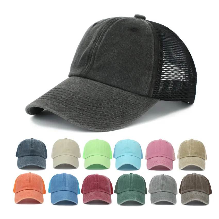 Washed Cotton Trucker Hat Vintage Mesh Baseball Cap Breathable Sun Protection Adjustable Casual Outdoor Men Women