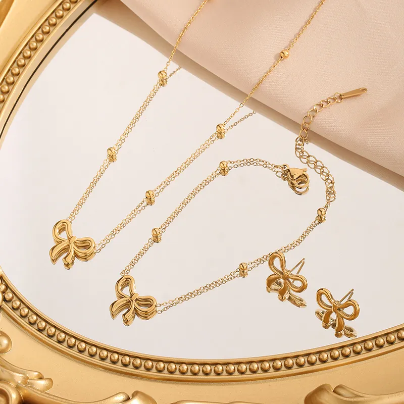 Collier Pendentif Nœud Papillon Acier Inoxydable Plaqué Or Chaîne À Billes Satellite Bijoux Élégants Pour Femmes