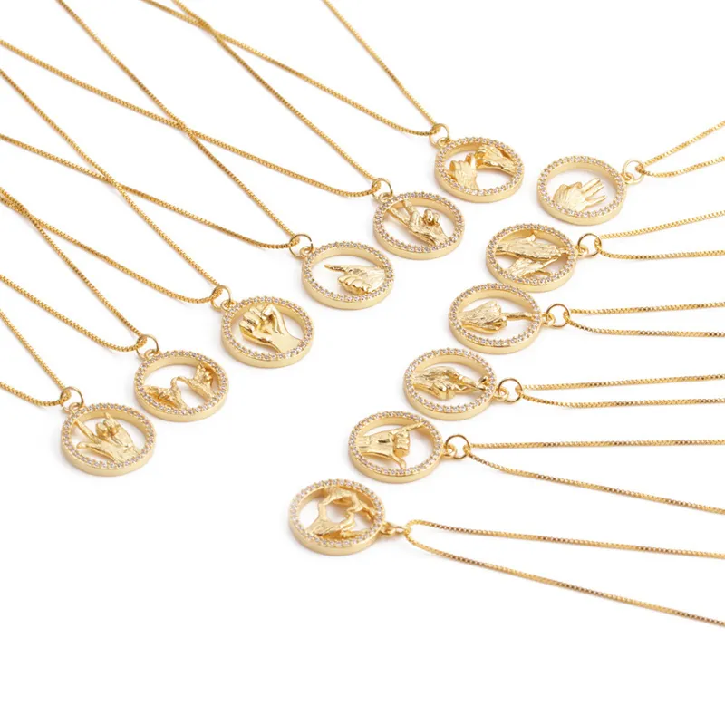 Collana Con Ciondolo Gesto Rame Tondo Zircone Impreziosito Catena A Maglie Elegante Gioielli Moda Unisex Accessorio Trendy