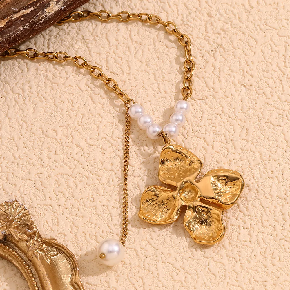 Flower Pendant Necklace Stainless Steel 18K Gold Plated With Imitation Artificial Pearl Vintage Jewelry For Women