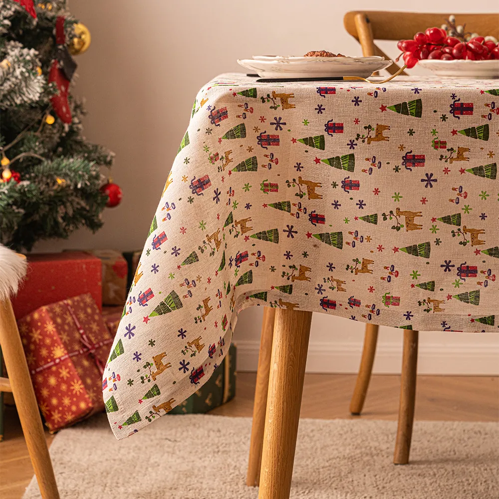 Christmas Tablecloth Polyester Linen Texture Reindeer Snowflake Printed Festive Dining Table Decor Rectangle