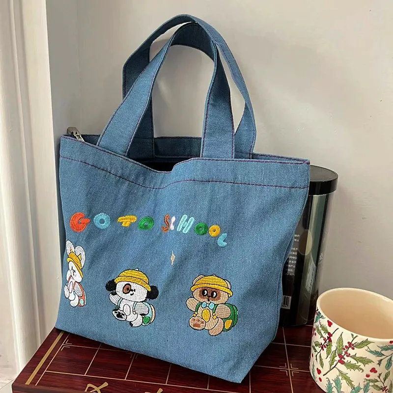 Embroidered Cartoon Denim Lunch Bag Large Capacity Washed Fabric Handbag For Students Cute Portable Tote With Zipper