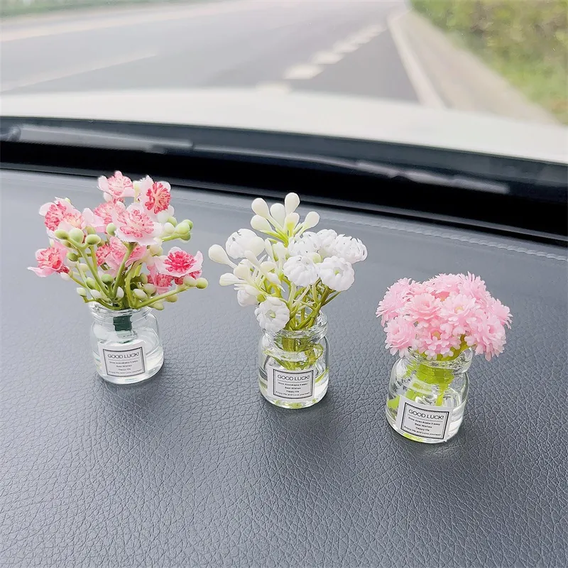 Mini Artificial Flower Vase Glass Bottle Car Dashboard Ornament Interior Decoration Aesthetic Fresh Style Decor
