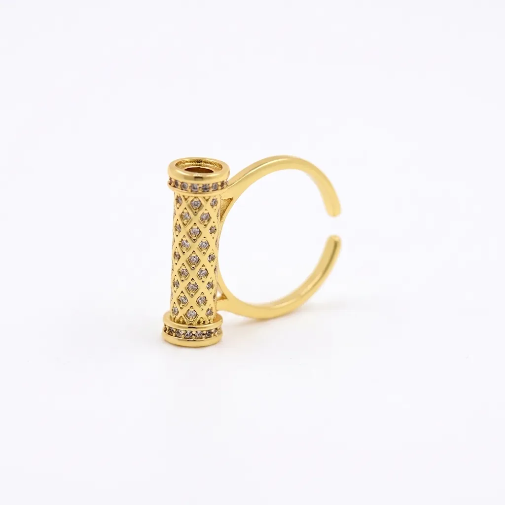 Bague Ouverte Réglable en Cuivre Plaqué Or 18K pour Femmes Zirconia Cylindre en Maille Creuse Géométrique Bijoux Bricolage Bague au Doigt