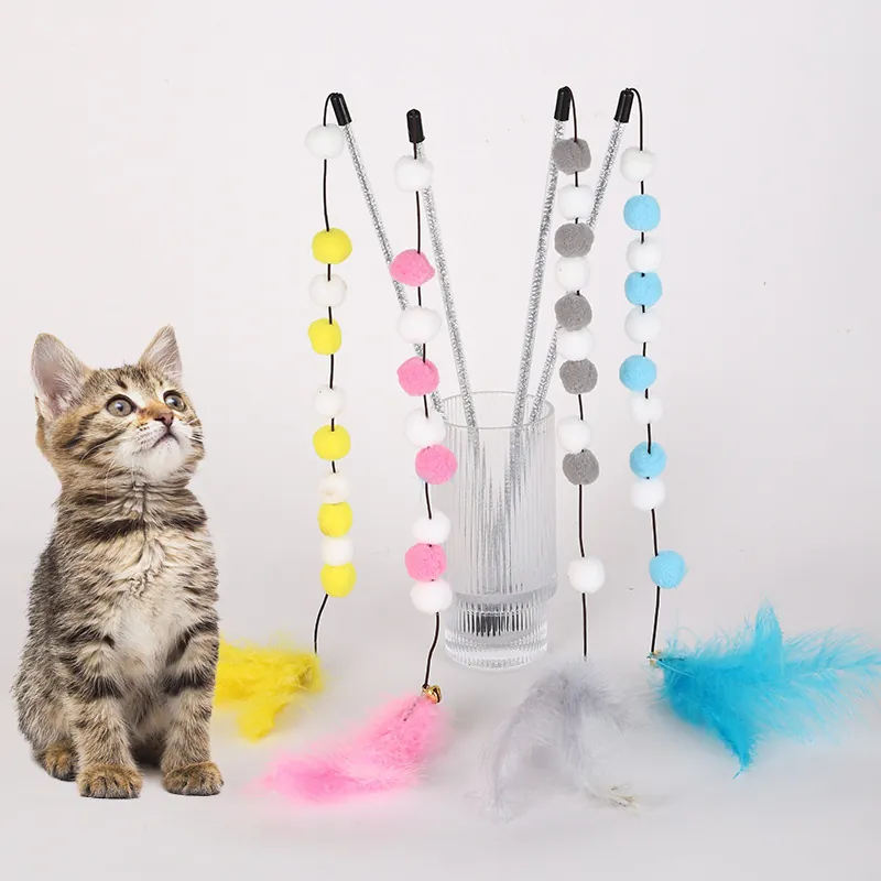 Interactive Cat Teaser Wand Toy Plush Pom Poms Feather Bell Glitter Stick Funny Kitten Exercise Accessory