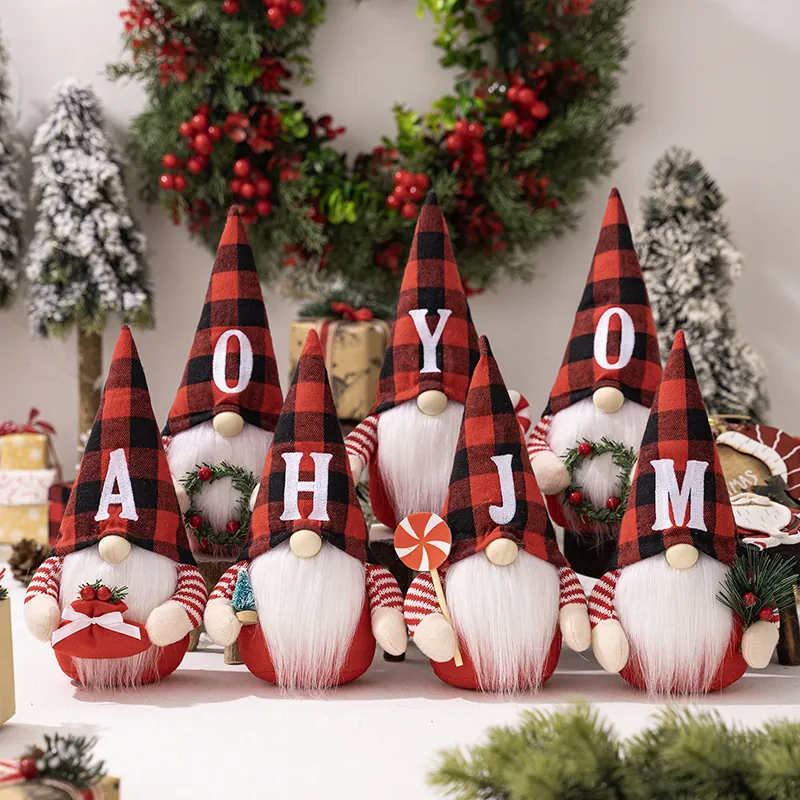 Gnomo di Natale Tomte Svedese Peluche Rosso e Nero Quadrati Figura Senza Volto con Ricamo di Lettere Decorazione Festiva per la Casa