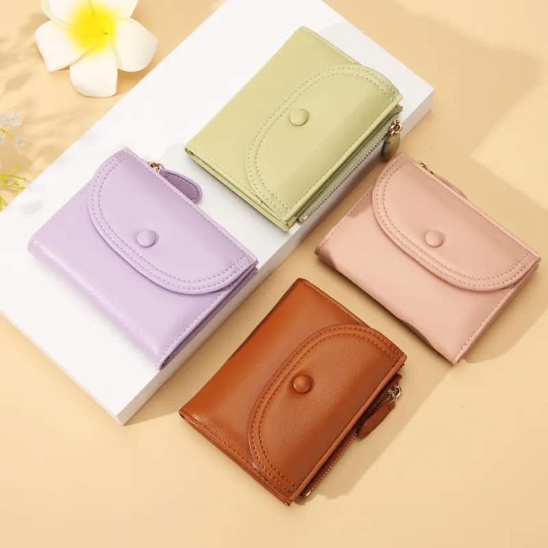 Cartera Pequeña Para Mujer Cuero PU Monedero Con Cremallera Solapa Con Botón A Presión Minimalista Color Sólido